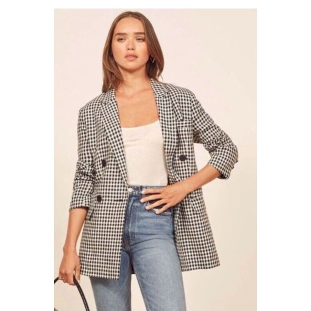 Reformation Valero Linen Double Breasted Blazer April Check Black White Size XS